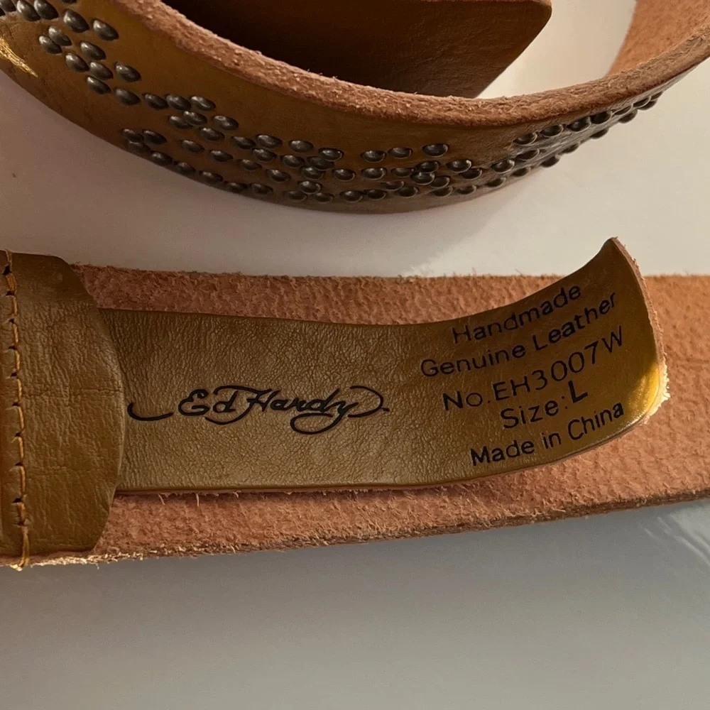 Ed Hardy Leather Belt Yellow Rose Tattoo Buckle Adjustable Size L Vintage Style